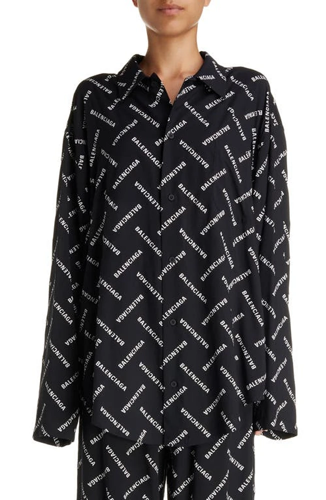 Balenciaga Relaxed Fit Logo Print Button-Up Shirt Black/White at Nordstrom, Us