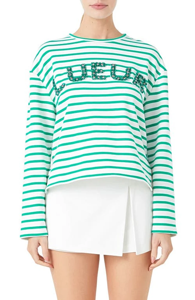 Endless Rose Lueur Stripe Long Sleeve Knit Top White/Green at Nordstrom,