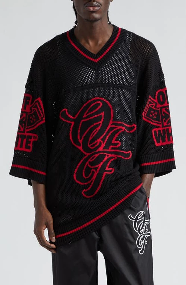 Off-White Varsity Net Openwork Sweater in Black Haunte Red at Nordstrom, Size Medium