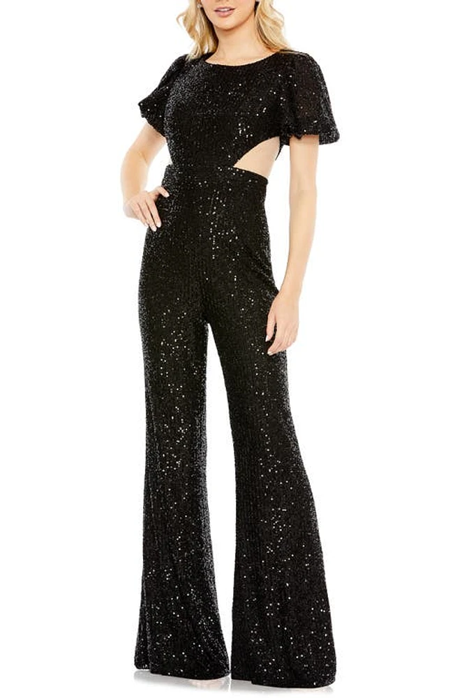 Mac Duggal Sequin Cutout Wide Leg Jumpsuit Black at Nordstrom,