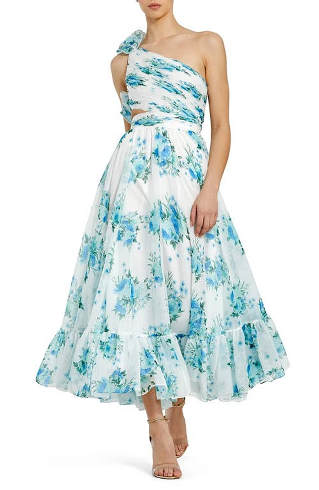 Mac Duggal Floral Print Ruffle Cutout One-Shoulder Midi Dress White Multi at Nordstrom,