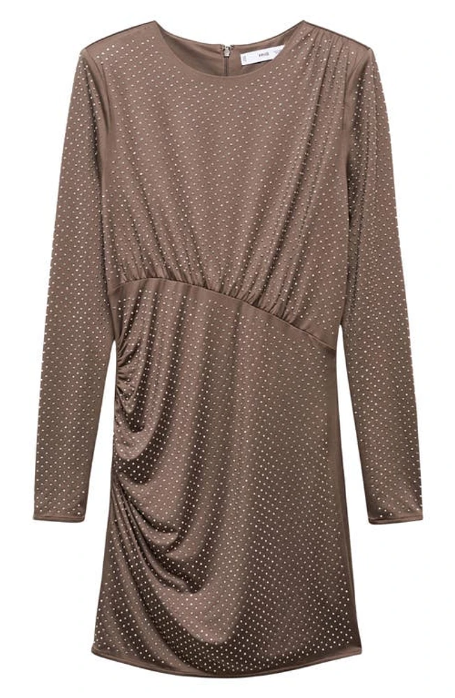 MANGO Studded Long Sleeve Dress in Medium Brown at Nordstrom, Size 8