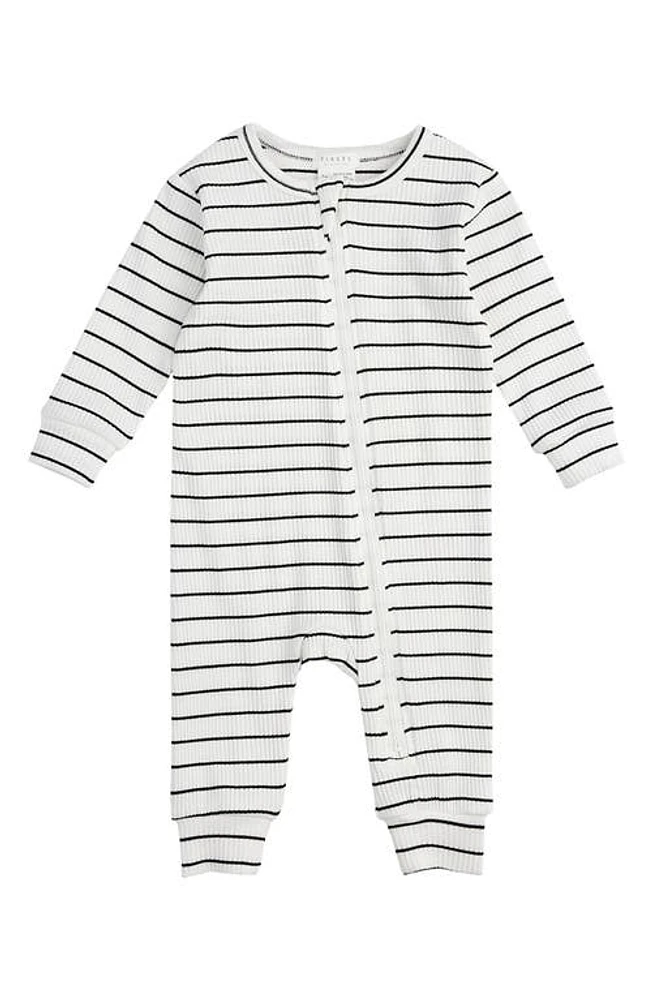 FIRSTS by Petit Lem Stripe Organic Cotton Blend Rib Fitted Pajama Romper Off White at Nordstrom,