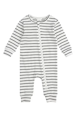 FIRSTS by Petit Lem Stripe Organic Cotton Blend Rib Fitted Pajama Romper Off White at Nordstrom,