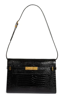 Saint Laurent Medium Manhattan Croc Embossed Patent Leather Shoulder Bag in Noir at Nordstrom