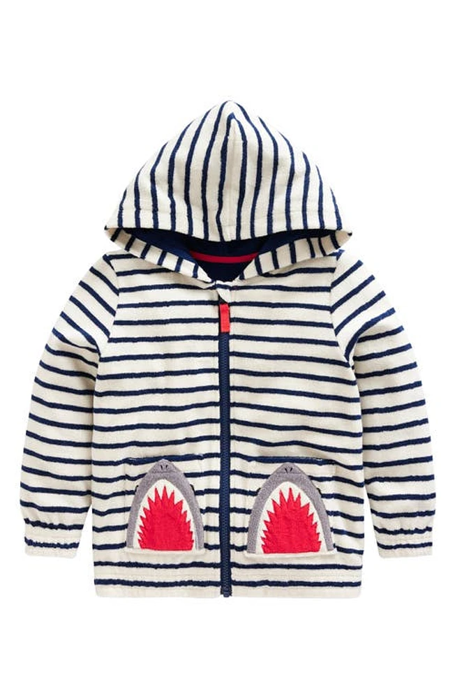 Mini Boden Kids' Stripe Appliqué Shark Terry Cloth Zip-Up Hoodie Ivory/Greek Blue at Nordstrom,