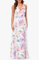 Xscape Evenings Floral Appliqué Sleeveless Gown White/Pink/Green at Nordstrom,