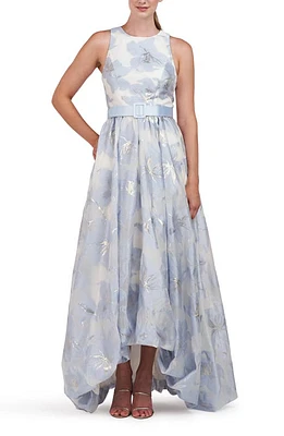 Kay Unger Vivian Metallic Floral Print Sleeveless High/Low Gown Pale Blue/Ivory at Nordstrom,