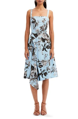 Oscar de la Renta Fauna Floral Belted Square Neck Cascade Detail Dress in Black/Light Blue at Nordstrom, Size 12