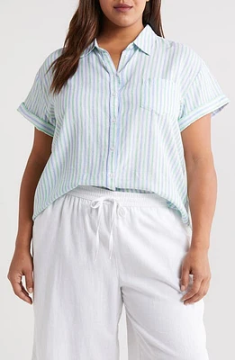 caslon(r) Linen Blend Button-Up Camp Shirt Green Stripe at Nordstrom,