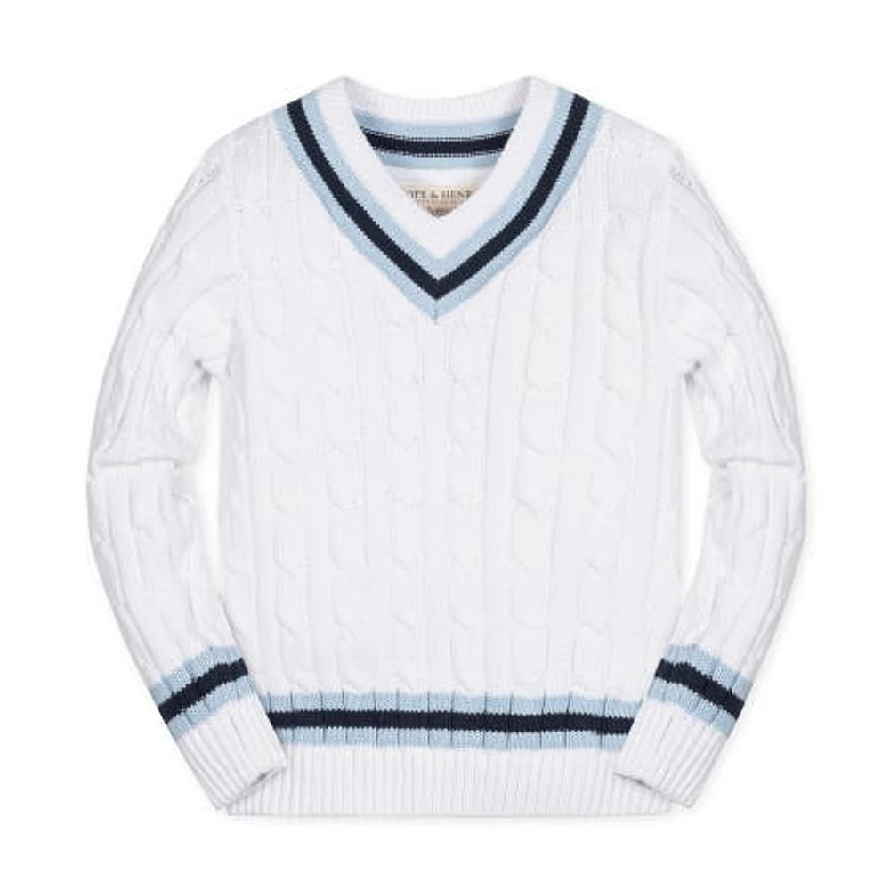 Hope & Henry Boys' Organic Long Sleeve V-Neck Cricket Sweater, Kids in White With Classic Blue at Nordstrom, Size Medium