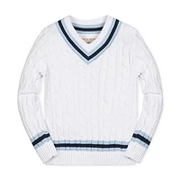 Hope & Henry Boys' Organic Long Sleeve V-Neck Cricket Sweater, Kids in White With Classic Blue at Nordstrom, Size Medium