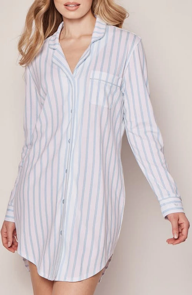 Petite Plume Stripe Long Sleeve Pima Cotton Nightshirt White at Nordstrom,