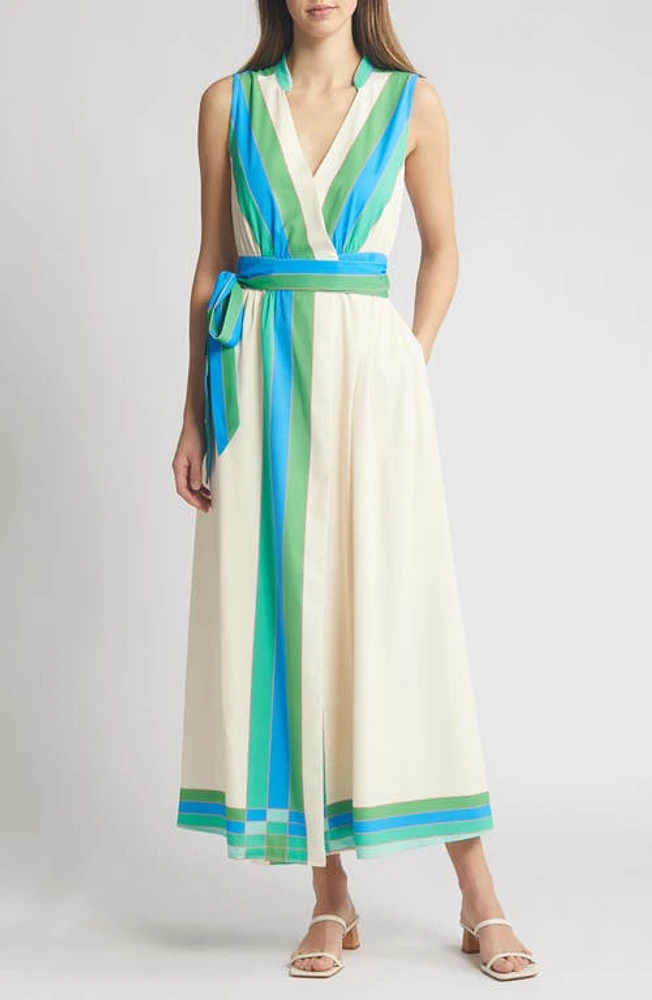 CIEBON Carmine Tie Belt Sleeveless Maxi Wrap Dress Ivory/Green Multi at Nordstrom,