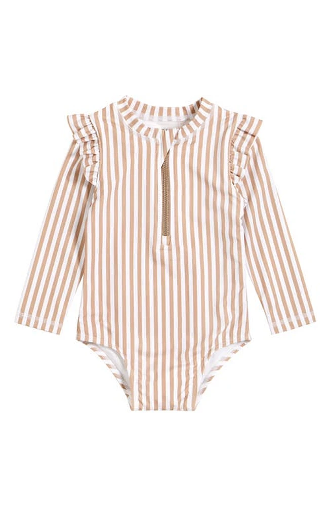 Petit Lem Stripe Ruffle Long Sleeve One-Piece Rashguard Swimsuit in Sand at Nordstrom, Size 12-18 M