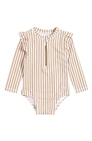 Petit Lem Stripe Ruffle Long Sleeve One-Piece Rashguard Swimsuit in Sand at Nordstrom, Size 12-18 M