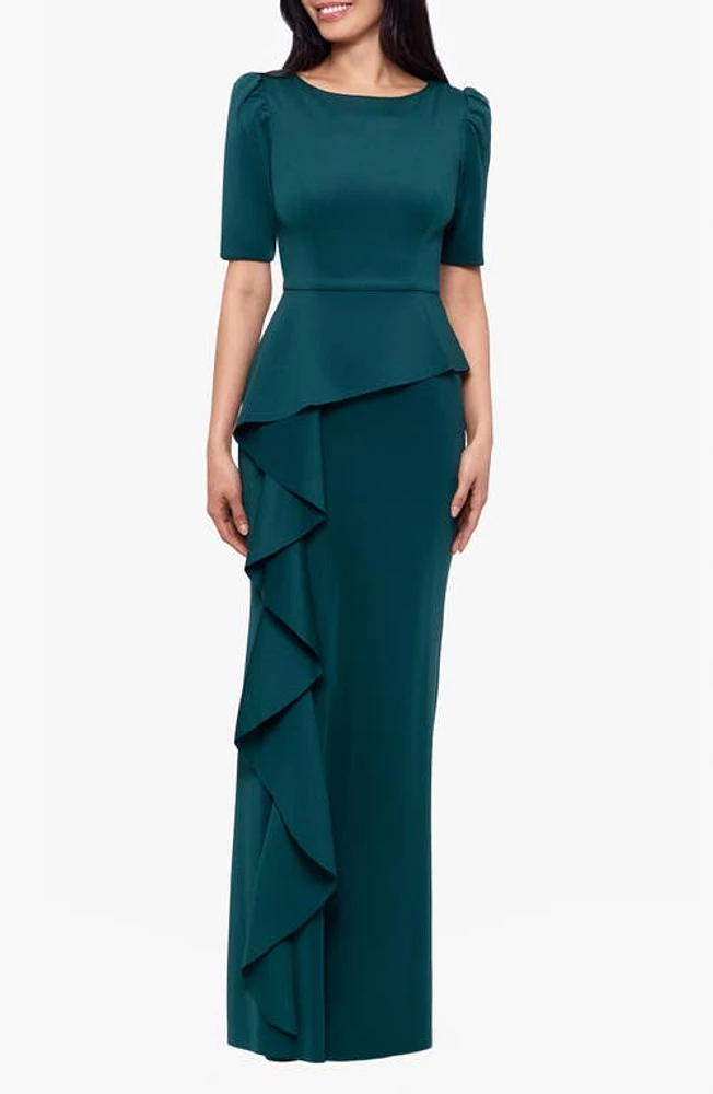 Xscape Evenings Ruffled Scuba Short Sleeve Gown Hunter at Nordstrom,