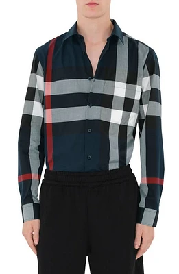 burberry Somerton Slim Fit Check Cotton Poplin Button-Up Shirt Navy Ip at Nordstrom,