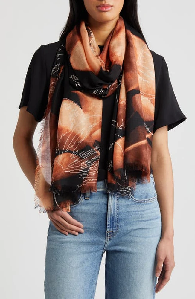 Nordstrom Eyelash Trim Print Cashmere & Silk Wrap in Black Sunbaked Leaves at Nordstrom