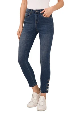 CeCe Pearl Bead Trim High Waist Jeans Black/Indigo at Nordstrom,