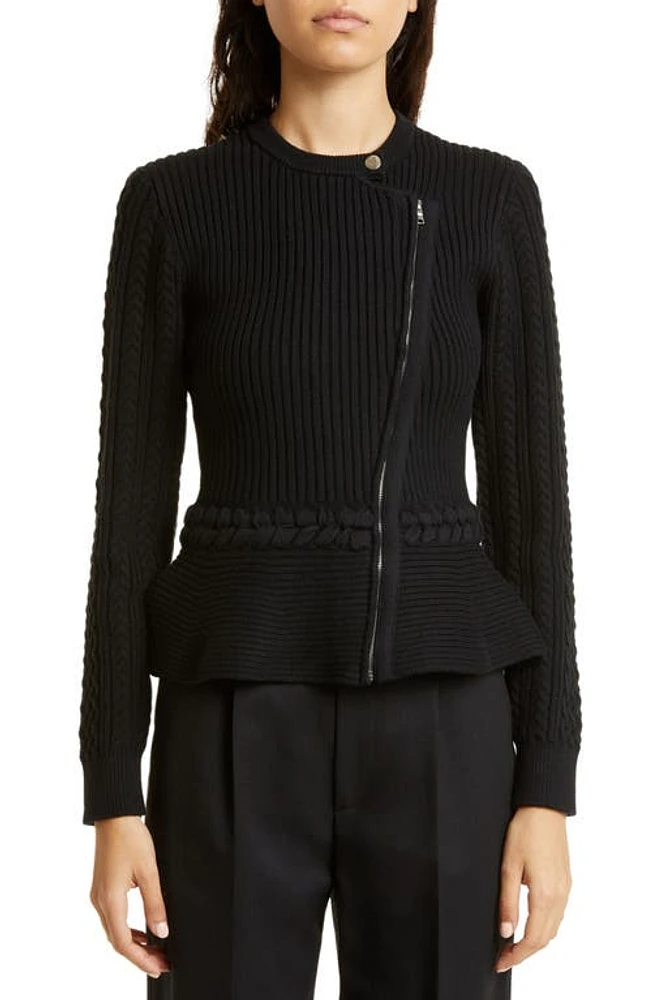 Simkhai Andi Asymmetric Zip Peplum Cardigan in Black at Nordstrom, Size Medium