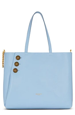 Balmain Emblem Crest Button Calfskin Shopper Tote in Pale Blue at Nordstrom