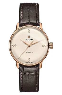 RADO Coupole Classic Diamond Leather Strap Watch, 32mm in Brown/Gold at Nordstrom