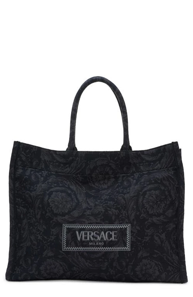 Versace Extra Large Logo Embroidered Barocco Jacquard Tote in Black Black Versace Gold at Nordstrom