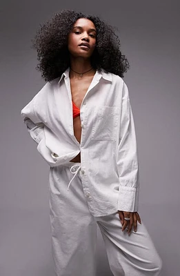 Topshop Beach Cotton & Linen Button-Up Cover-Up Shirt White at Nordstrom,