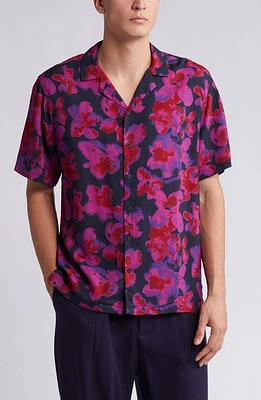 Open Edit Blot Bloom Floral Camp Shirt Navy- Purple at Nordstrom,