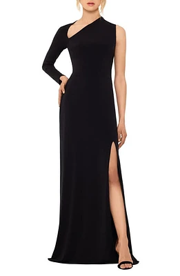 Betsy & Adam Asymmetric Single Long Sleeve Gown Black at Nordstrom,