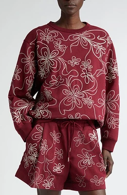 Dries Van Noten Floral Embroidered Oversize Cotton Crewneck Sweatshirt in Burgundy 358 at Nordstrom, Size Large