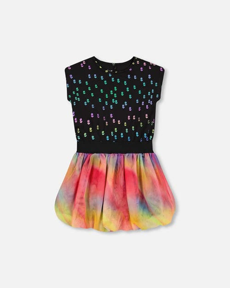 Deux Par Deux Girl's Bi-Material Dress With Rainbow Mesh Bubble Skirt in Black With Metallic Flower at Nordstrom