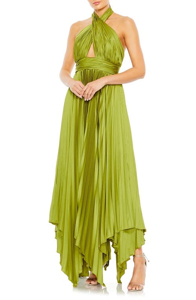 Mac Duggal Pleated Satin Halter Gown Apple Green at Nordstrom,