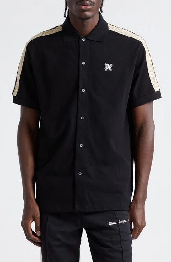 Palm Angels Monogram Track Short Sleeve Knit Button-Up Shirt Black Off White at Nordstrom,