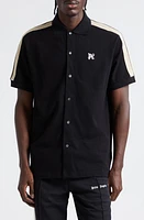 Palm Angels Monogram Track Short Sleeve Knit Button-Up Shirt Black Off White at Nordstrom,