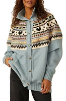 Free People Emily Fair Isle Front Button Sweater in Mineral Rainbow Como at Nordstrom, Size Large