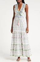 ALICIA BELL Harper Floral Ruffle Neck Tiered Cotton & Silk Maxi Dress Green at Nordstrom,