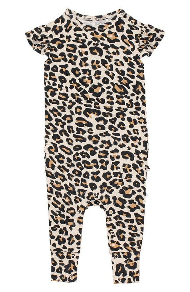 Posh Peanut Lana Leopard Ruffle Cap Sleeve Romper Beige at Nordstrom,