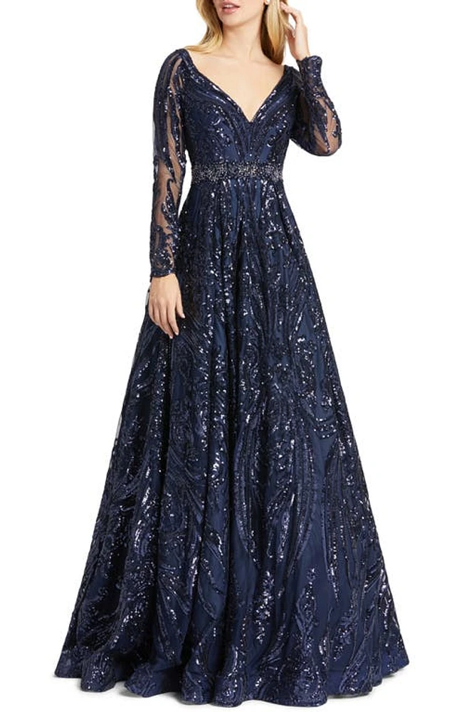 Mac Duggal Damask Sequin Long Sleeve Ballgown Midnight Blue at Nordstrom,