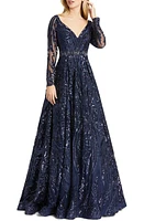 Mac Duggal Damask Sequin Long Sleeve Ballgown Midnight Blue at Nordstrom,