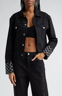 Alexander Wang Crystal Logo Cuff Denim Trucker Jacket Washed Black at Nordstrom,