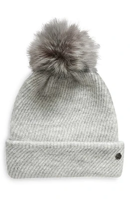 zella Cozy Heather Beanie with Faux Fur Pompom in Grey Light Heather at Nordstrom