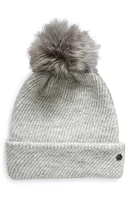 zella Cozy Heather Beanie with Faux Fur Pompom in Grey Light Heather at Nordstrom