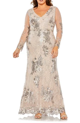 FABULOUSS BY MAC DUGGAL Sequin Embroidered Illusion Long Sleeve Gown Taupe at Nordstrom,