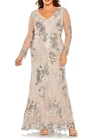 FABULOUSS BY MAC DUGGAL Sequin Embroidered Illusion Long Sleeve Gown Taupe at Nordstrom,