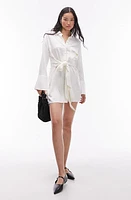 Topshop Tie Waist Long Sleeve Mini Shirtdress Ivory at Nordstrom, Us