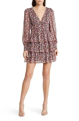 Charles Henry Floral Tiered Long Sleeve Minidress Black Ditsy at Nordstrom,