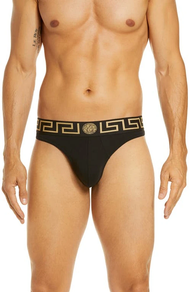 Versace First Line Logo Stretch Cotton Thong Black/Gold at Nordstrom,