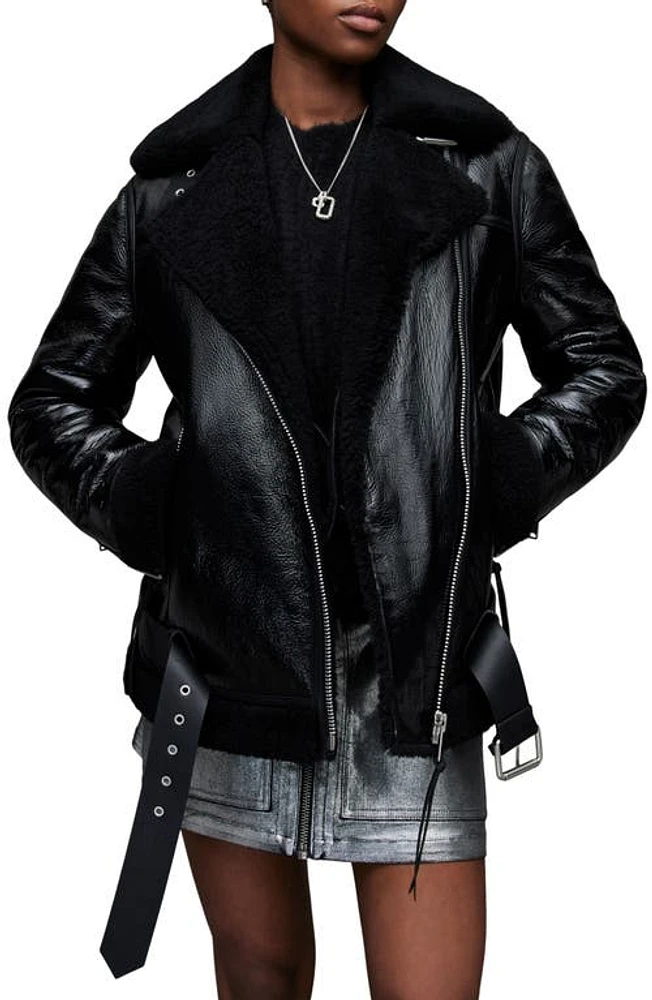 AllSaints Rei Genuine Shearling & Leather Moto Jacket in Black at Nordstrom, Size X-Small